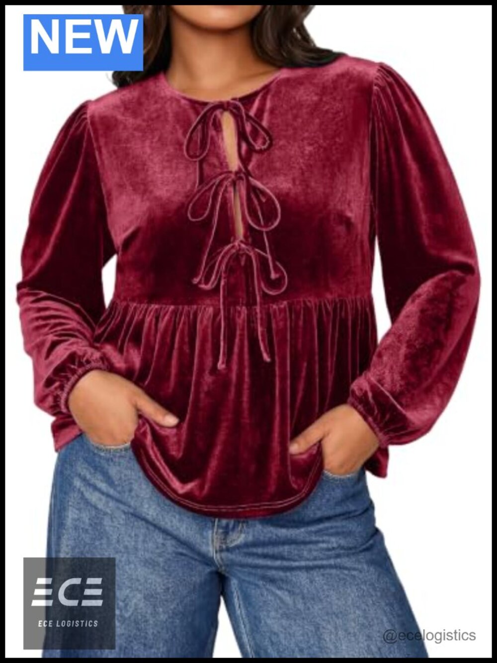 Plus Size Velvet Blouse Bow Tie Peplum Babydoll Dressy Top